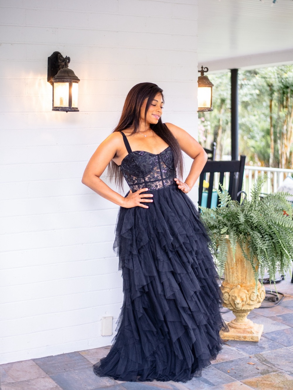 Black Lace Corset Bodice Tiered Tulle Ruffle Maxi Formal Evening Gown